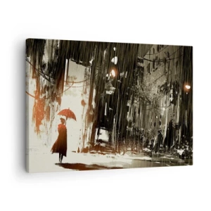 Quadro su tela - Stampe su Tela - Una figura rossa con un ombrello in una scena piovosa - 70x50cm - La poesia dell'ombrello rosso - Decorazione murale moderna per soggiorno e camera da letto ARTTOR