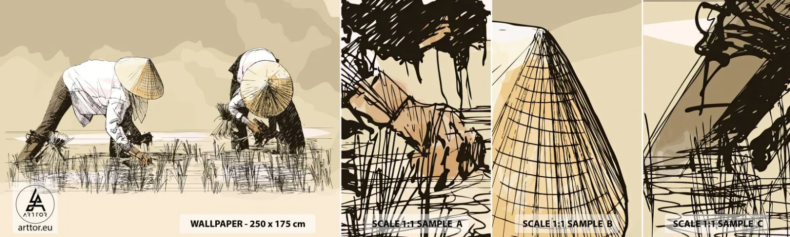 Campione di Fotomurale Adesivo Deluxe Sticker - Buon raccolto - Asia, Piantagione di riso, Campo di riso - 100x30 cm