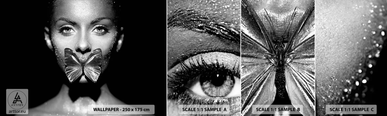 Campione Di Fotomurale Standard Eco - Il bacio delle farfalle - Astrazione, Donna, Farfalla - 100x30 cm