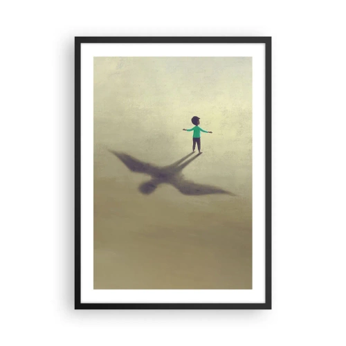 Poster in cornice nera - Un bambino con l'ombra di un uccello contro un cielo pastello - 50x70cm - Eroe del futuro - Decorazione murale moderna per soggiorno e camera da letto ARTTOR