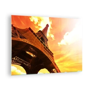 Quadro su vetro - La Torre Eiffel nelle calde tonalità dell'arancione al tramonto - 70x50cm - Monumentale, perché dorata dal sole - Decorazione murale moderna per soggiorno e camera da letto ARTTOR