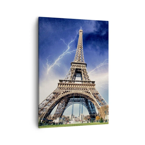 Quadro su tela - Stampe su Tela - La Torre Eiffel con un cielo tempestoso e fulmini sullo sfondo - 50x70cm - La signora delle tempeste - Decorazione murale moderna per soggiorno e camera da letto ARTTOR