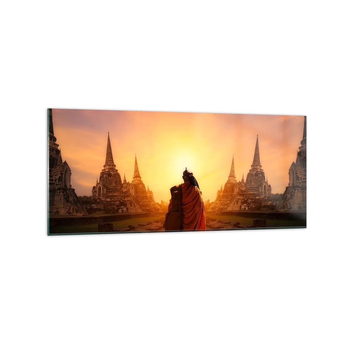 Quadro su vetro - Un monaco tra i templi al tramonto - 120x50cm - In pace per l'eternità - Decorazione murale moderna per soggiorno e camera da letto ARTTOR