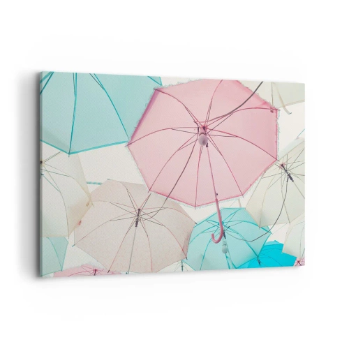 Quadro su tela - Stampe su Tela - Ombrelli pastello contro un cielo luminoso - 120x80cm - A volte sole, a volte pioggia - Decorazione murale moderna per soggiorno e camera da letto ARTTOR