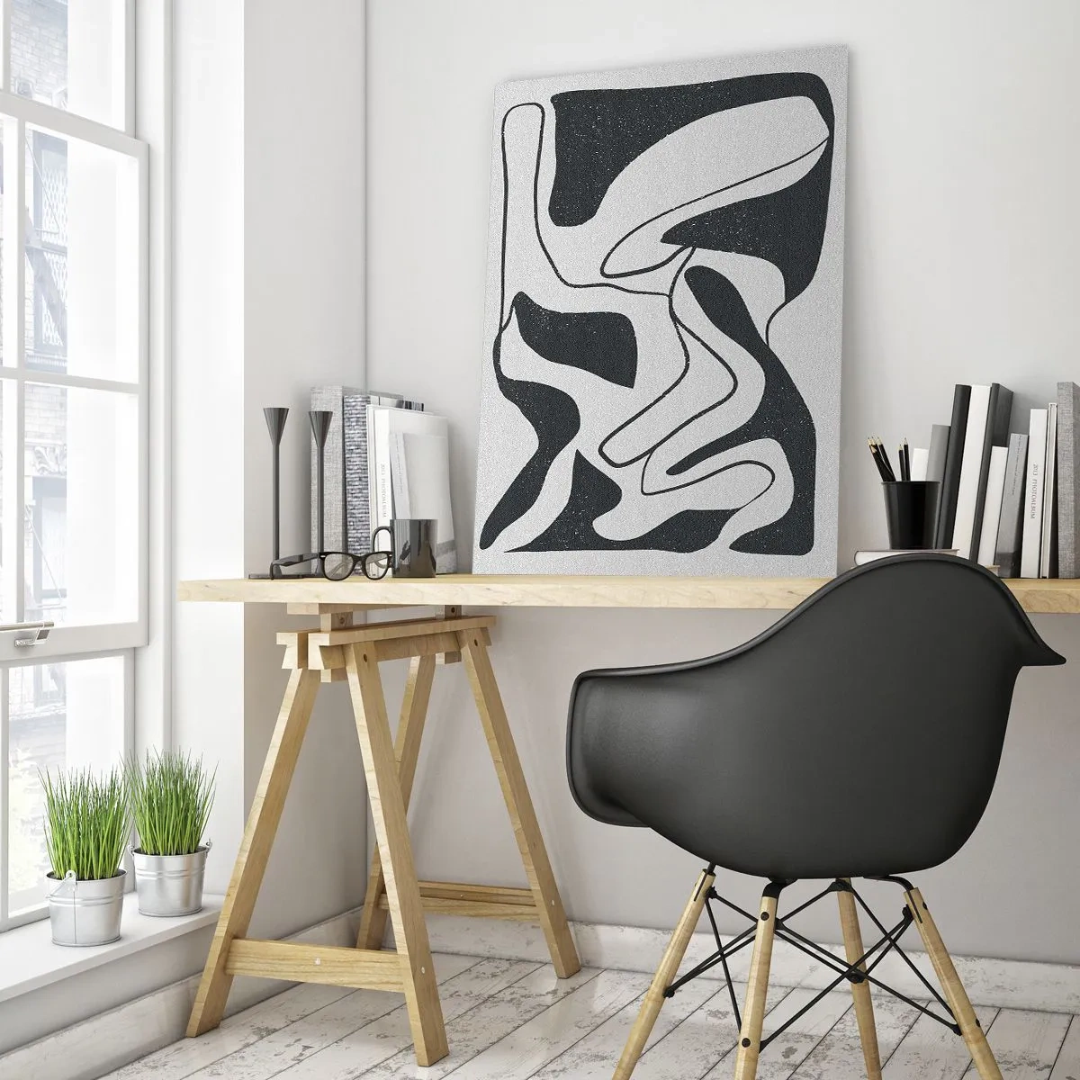 Quadro su vetro - Forme astratte in bianco e nero che ricordano un labirinto - 50x70cm - Gioco astratto nel labirinto - Decorazione murale moderna per soggiorno e camera da letto ARTTOR
