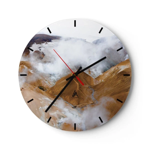 Orologio da parete - Orologio in Vetro - Paesaggio montano islandese con nebbie sospese sulla valle - 30x30cm - La bellezza severa dell'Islanda - Decorazione murale moderna per soggiorno, cucina e camera da letto ARTTOR