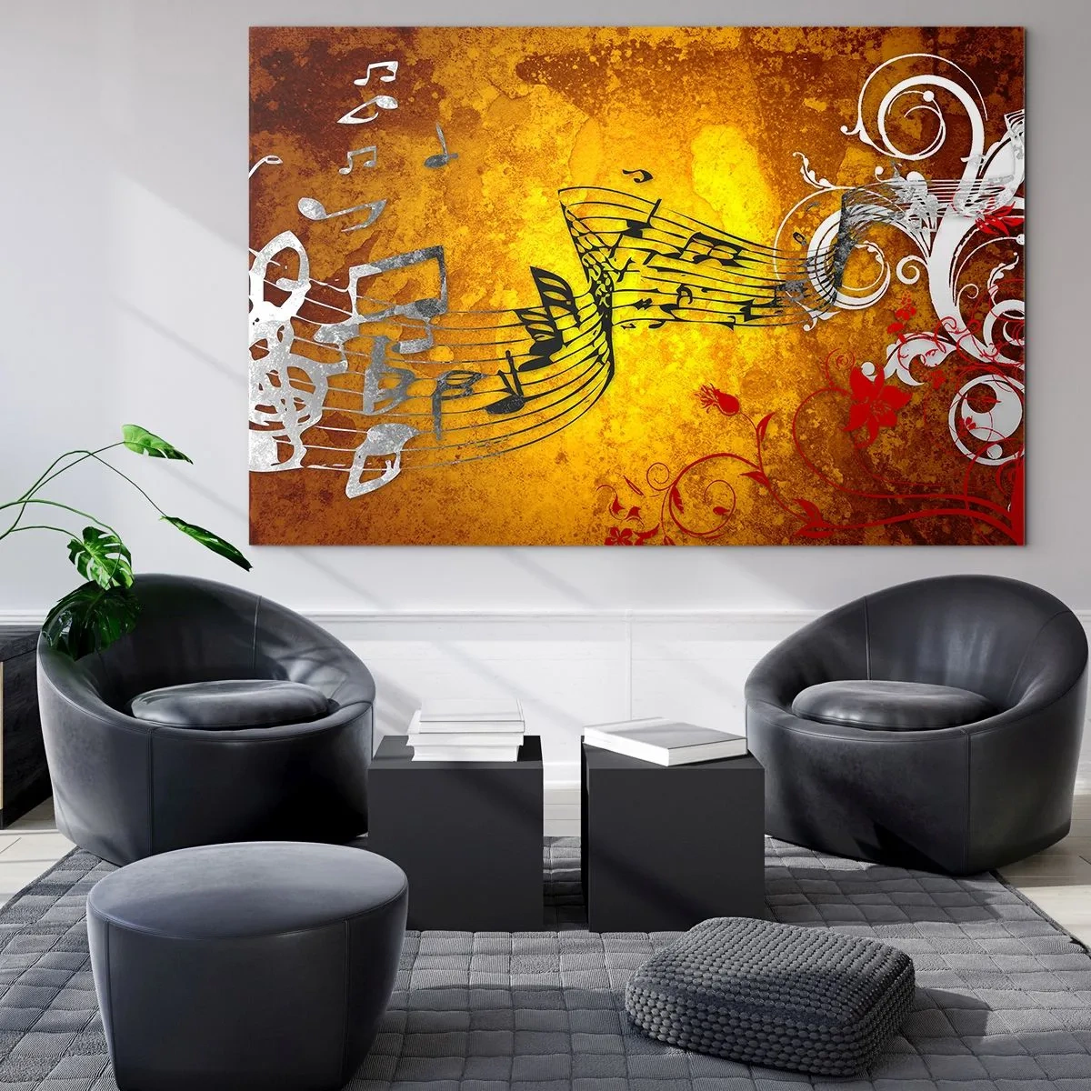 Quadro su vetro - Motivi musicali su uno sfondo di ornamenti dorati - 70x50cm - Che la musica scorra - Decorazione murale moderna per soggiorno e camera da letto ARTTOR