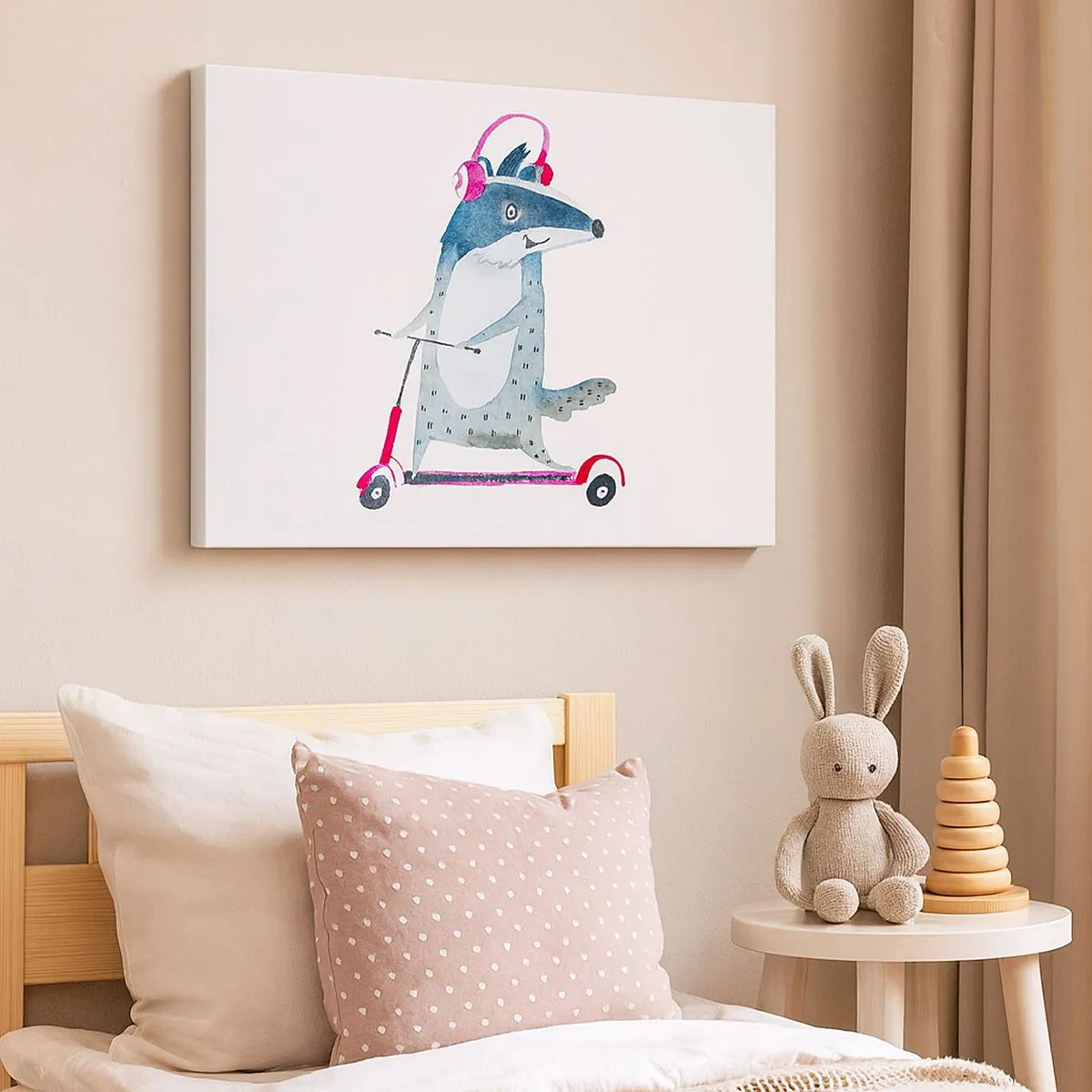 Quadro su tela - Stampe su Tela - Tasso su uno scooter con cuffie rosa - 70x50cm - Tassi di gioia - Decorazione murale moderna per soggiorno e camera da letto ARTTOR