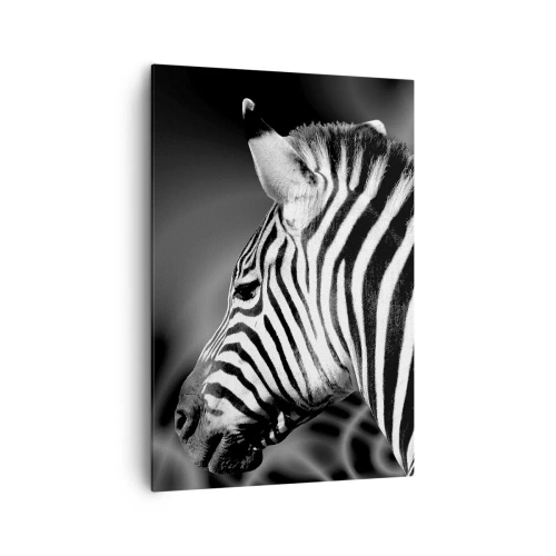 Quadro su tela - Stampe su Tela - Ritratto in bianco e nero di una zebra su uno sfondo di motivi astratti. - 70x100cm - Il bianco è bianco, il nero è nero - Decorazione murale moderna per soggiorno e camera da letto ARTTOR