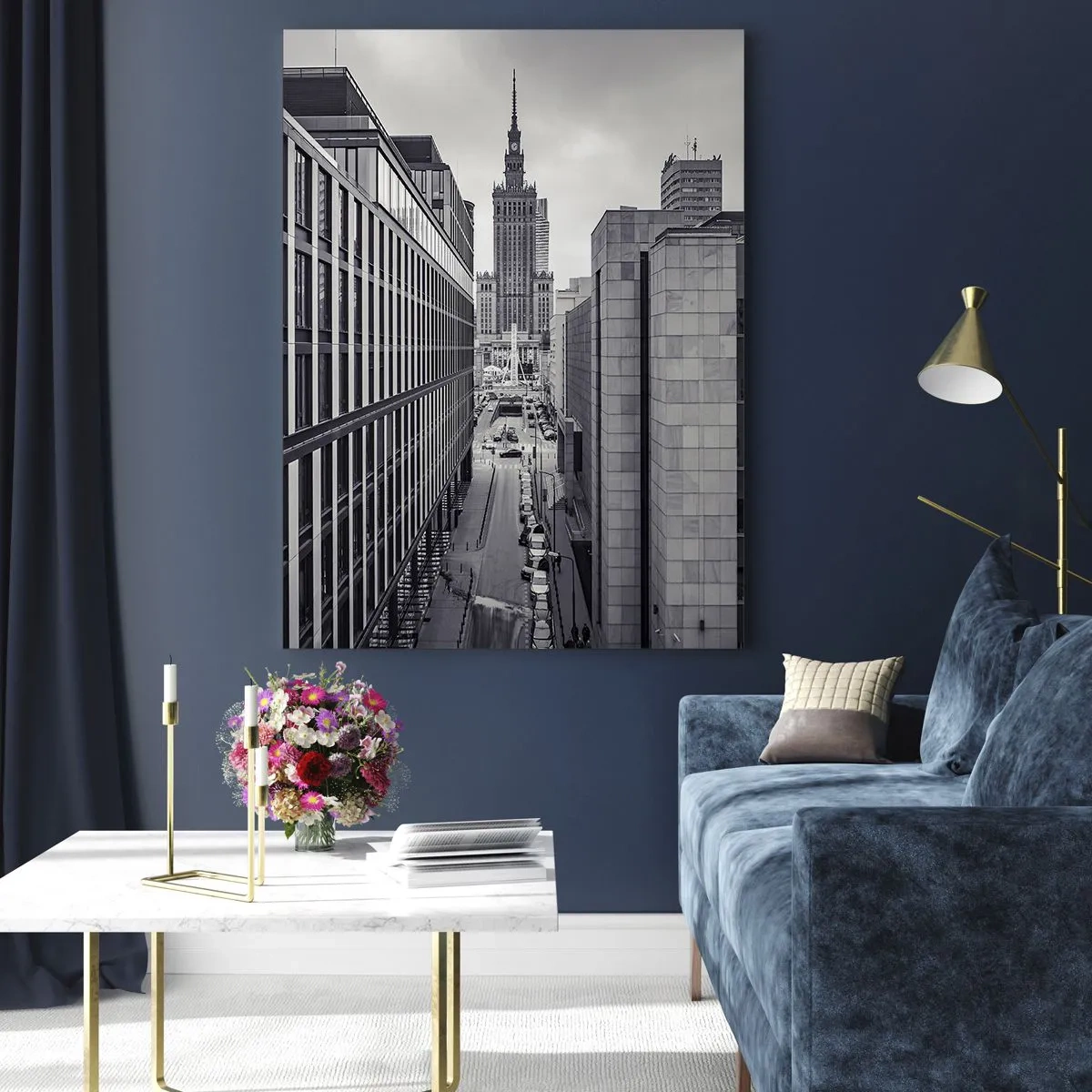 Quadro su vetro - Vista della città in bianco e nero con grattacieli e una strada - 50x70cm - La valle di Varsavia - Decorazione murale moderna per soggiorno e camera da letto ARTTOR