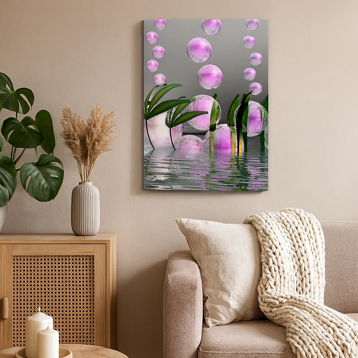 Quadro su tela - Stampe su Tela - Foglie verdi e bolle rosa sopra l'acqua su uno sfondo grigio - 50x70cm - Composizione meditativa su leggerezza e vita - Decorazione murale moderna per soggiorno e camera da letto ARTTOR
