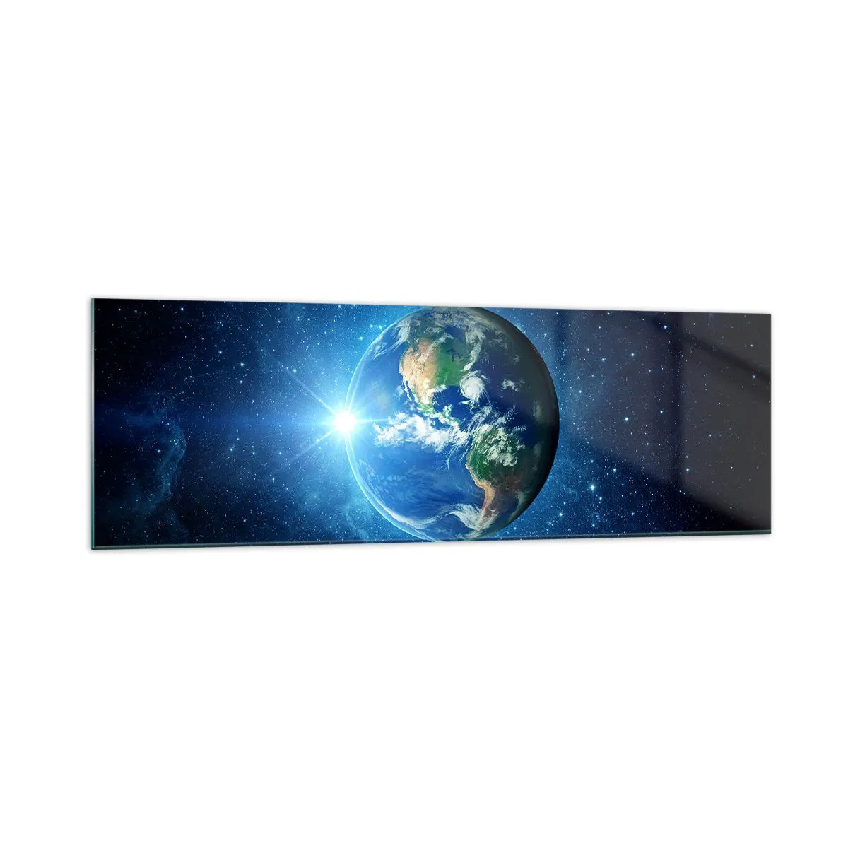 Quadro su vetro - La Terra nello spazio circondata da stelle e luce - 160x50cm - Siamo in cielo - Decorazione murale moderna per soggiorno e camera da letto ARTTOR