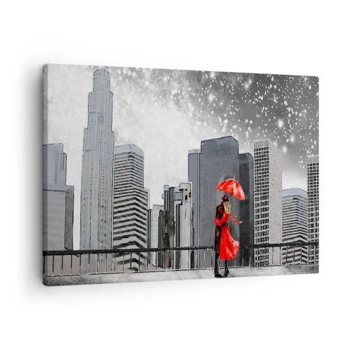 Quadro su tela - Stampe su Tela - Una coppia vestita di rosso con un ombrello sullo sfondo di un paesaggio urbano - 70x50cm - L'uomo non è di pietra - Decorazione murale moderna per soggiorno e camera da letto ARTTOR