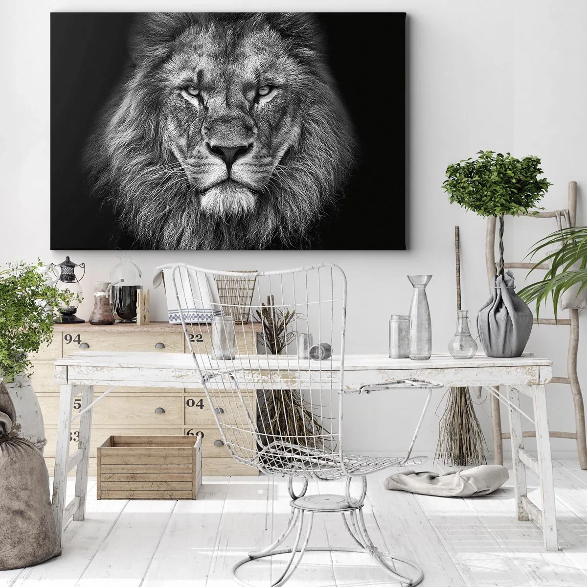 Quadro su tela - Stampe su Tela - Ritratto di un maestoso leone in bianco e nero - 70x50cm - Nell'abito dell'incoronazione - Decorazione murale moderna per soggiorno e camera da letto ARTTOR