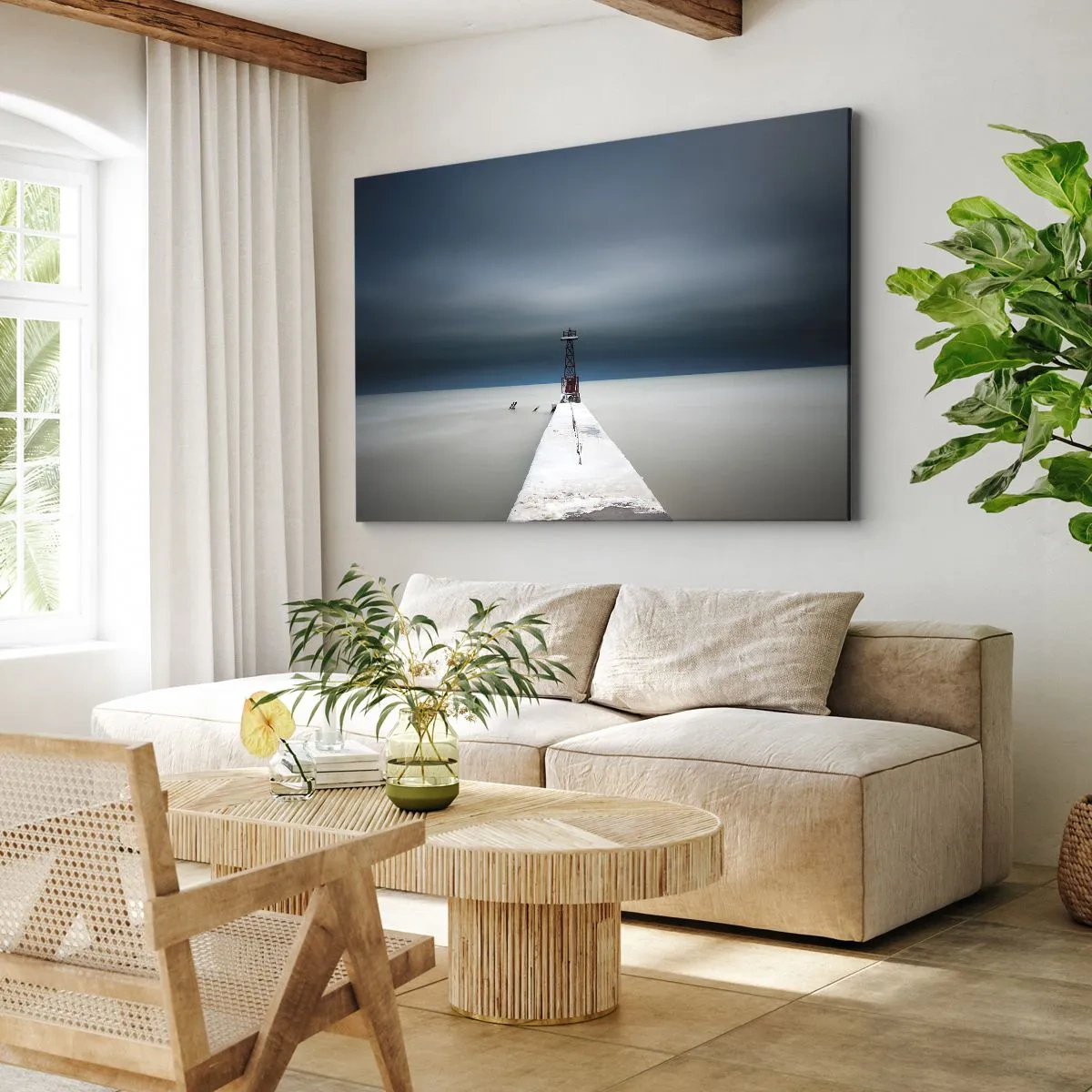 Quadro su tela - Stampe su Tela - Un faro alla fine di un molo di cemento in un paesaggio desolato - 70x50cm - Incontrando l'infinito - Decorazione murale moderna per soggiorno e camera da letto ARTTOR