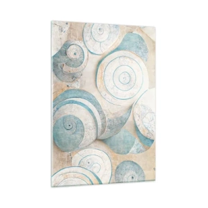 Quadro su vetro - Conchiglie in una tavolozza blu e beige su uno sfondo strutturato - 50x70cm - Cosa nasconde la chiocciola? - Decorazione murale moderna per soggiorno e camera da letto ARTTOR