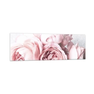 Quadro su vetro - Peonie rosa in luce soffusa su uno sfondo chiaro - 160x50cm - Per i romantici - Decorazione murale moderna per soggiorno e camera da letto ARTTOR