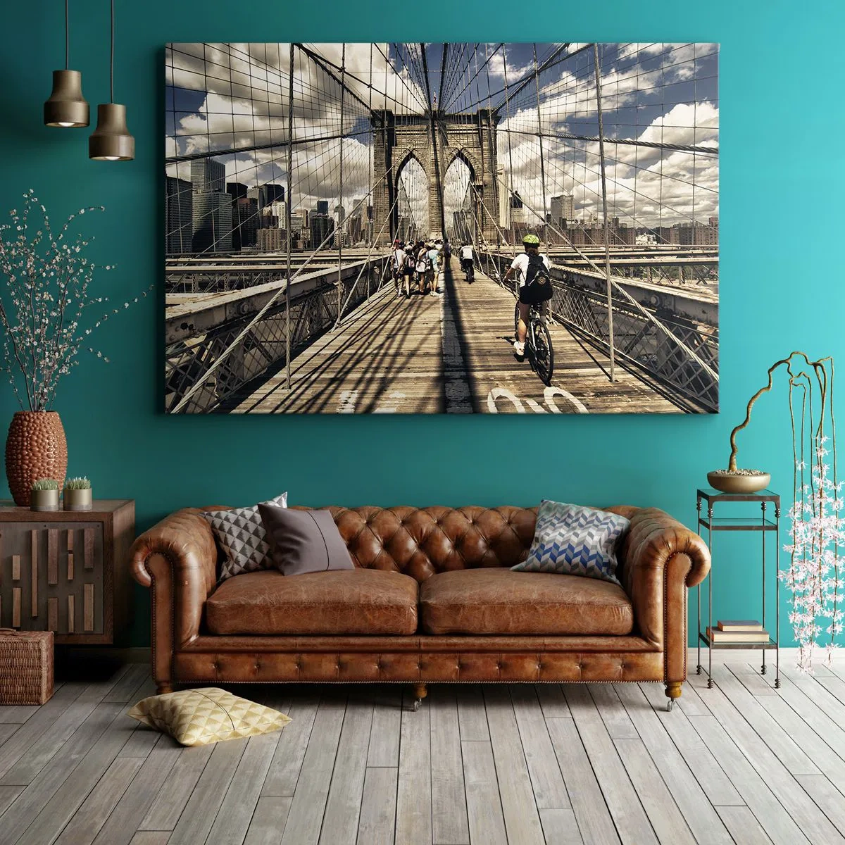 Quadro su tela - Stampe su Tela - Ponte di Brooklyn con vista su pedoni e ciclisti - 100x70cm - Dritto al cuore della città - Decorazione murale moderna per soggiorno e camera da letto ARTTOR