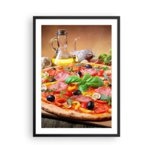 Poster in cornice nera - Pizza appetitosa con olive ed erbe aromatiche su un tavolo di legno - 50x70cm - Con gusto veramente italiano - Decorazione murale moderna per soggiorno e camera da letto ARTTOR