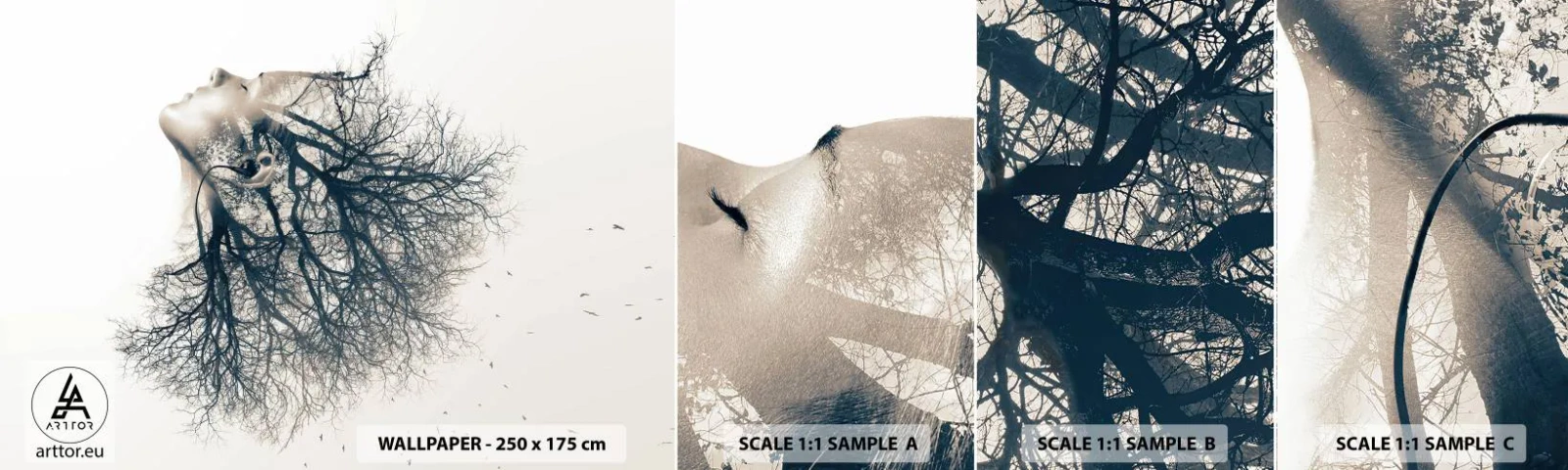 Campione di Fotomurale Adesivo Deluxe Sticker - In ascolto del sussurro dell'albero - Astrazione, Volto di donna, Albero - 100x30 cm