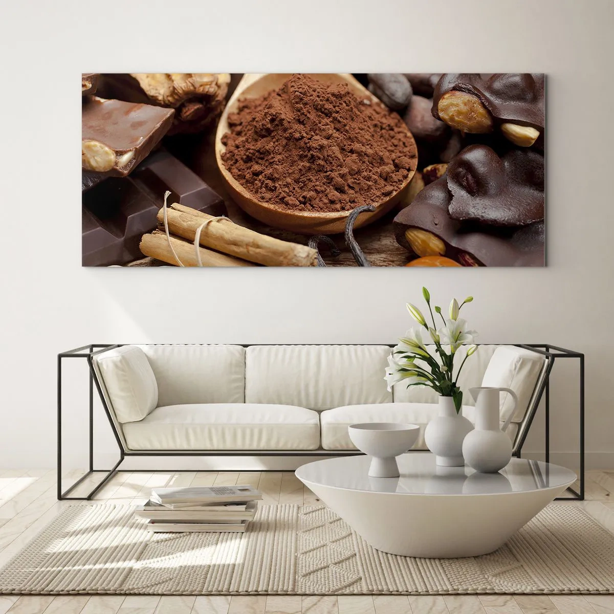 Quadro su vetro - Un cucchiaio di cacao e ingredienti al cioccolato in una disposizione rustica - 120x50cm - Ideale per i momenti di tristezza - Decorazione murale moderna per soggiorno e camera da letto ARTTOR