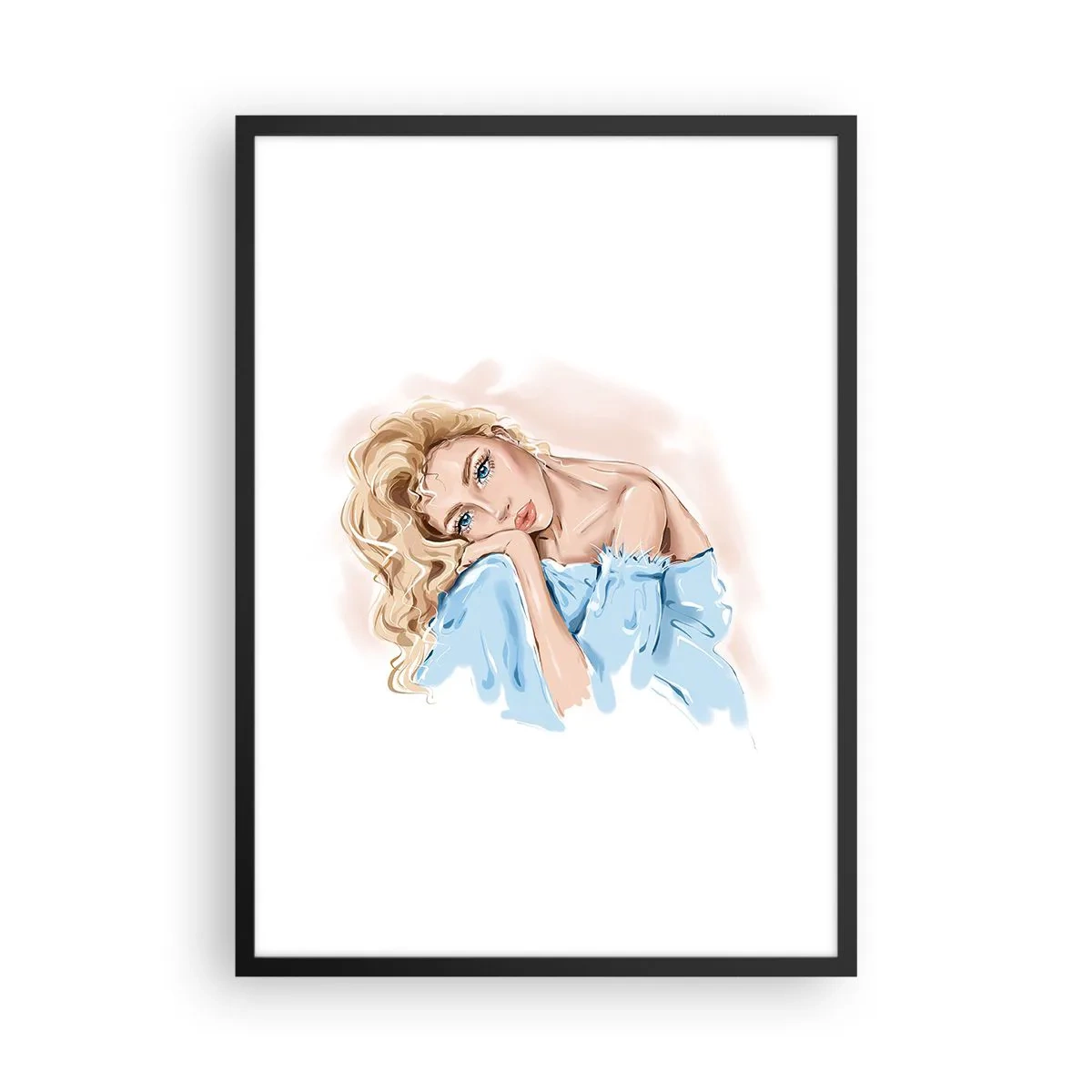 Poster in cornice nera - Un ritratto sottile di una donna dai colori delicati - 50x70cm - Sognante nel blu - Decorazione murale moderna per soggiorno e camera da letto ARTTOR