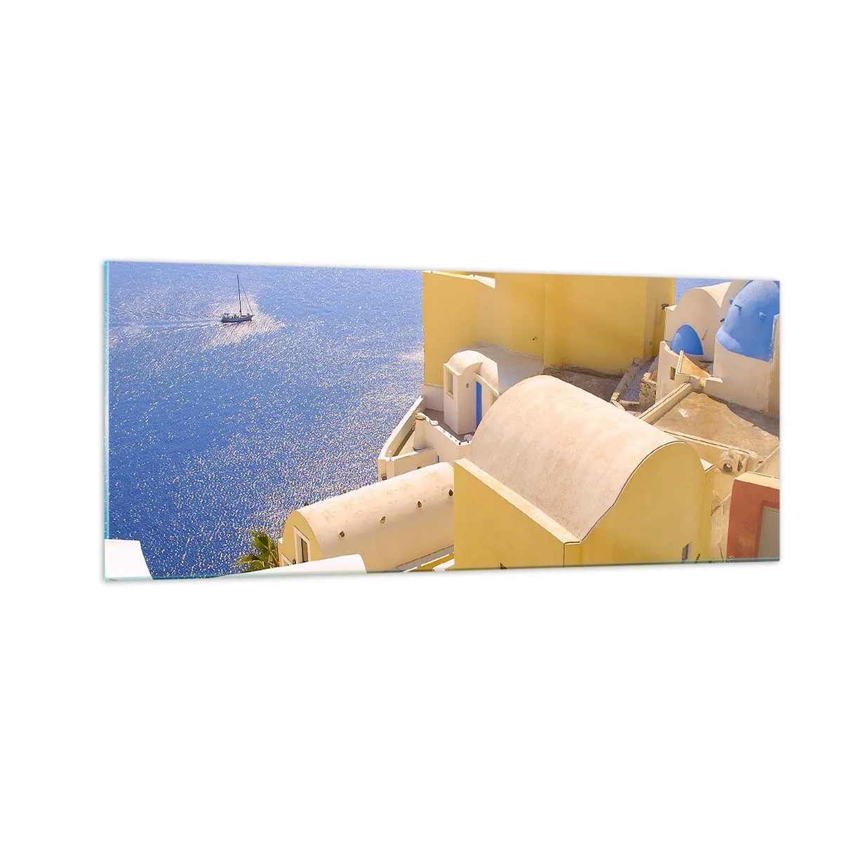 Quadro su vetro - Paesaggio greco in bianco e blu - 100x40 cm