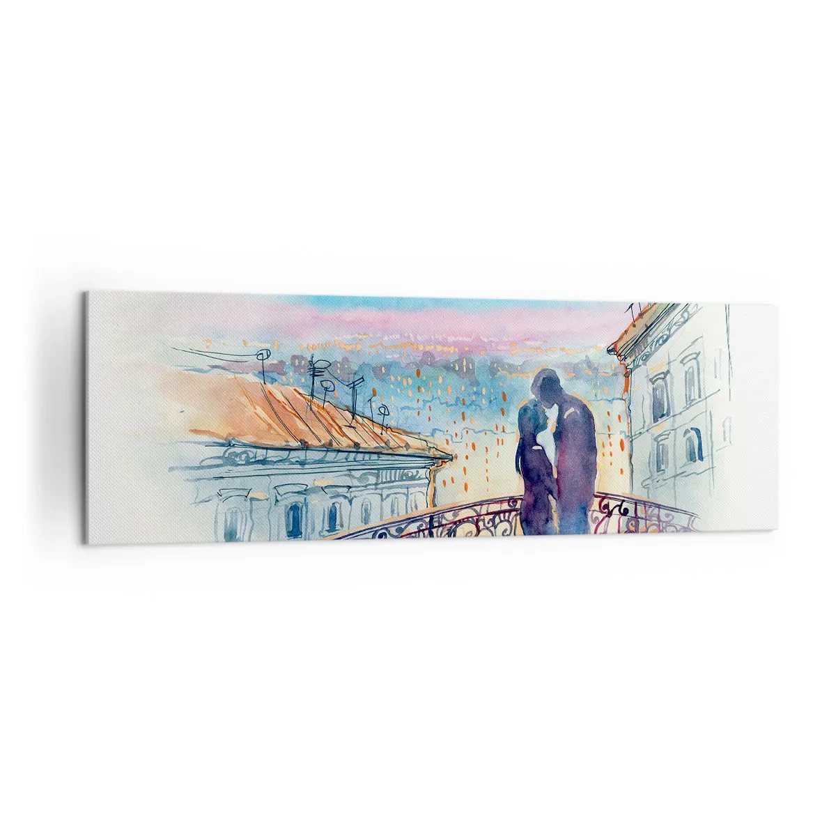 Quadro su tela - Stampe su Tela - Coppia romantica su un balcone con vista sulla città - 160x50cm - Amanti parigini - Decorazione murale moderna per soggiorno e camera da letto ARTTOR
