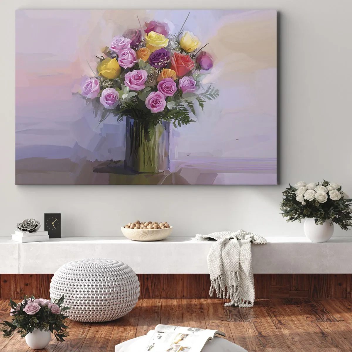 Quadro su tela - Stampe su Tela - Un mazzo di rose colorate in un vaso di vetro - 70x50cm - Bellezza immobile - Decorazione murale moderna per soggiorno e camera da letto ARTTOR