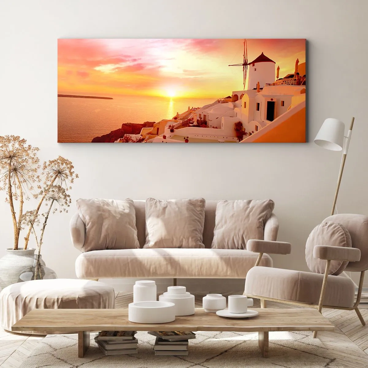 Quadro su tela - Stampe su Tela - Santorini al tramonto con un mulino a vento - 140x50cm - Sciogliersi nel bianco e nell'oro - Decorazione murale moderna per soggiorno e camera da letto ARTTOR