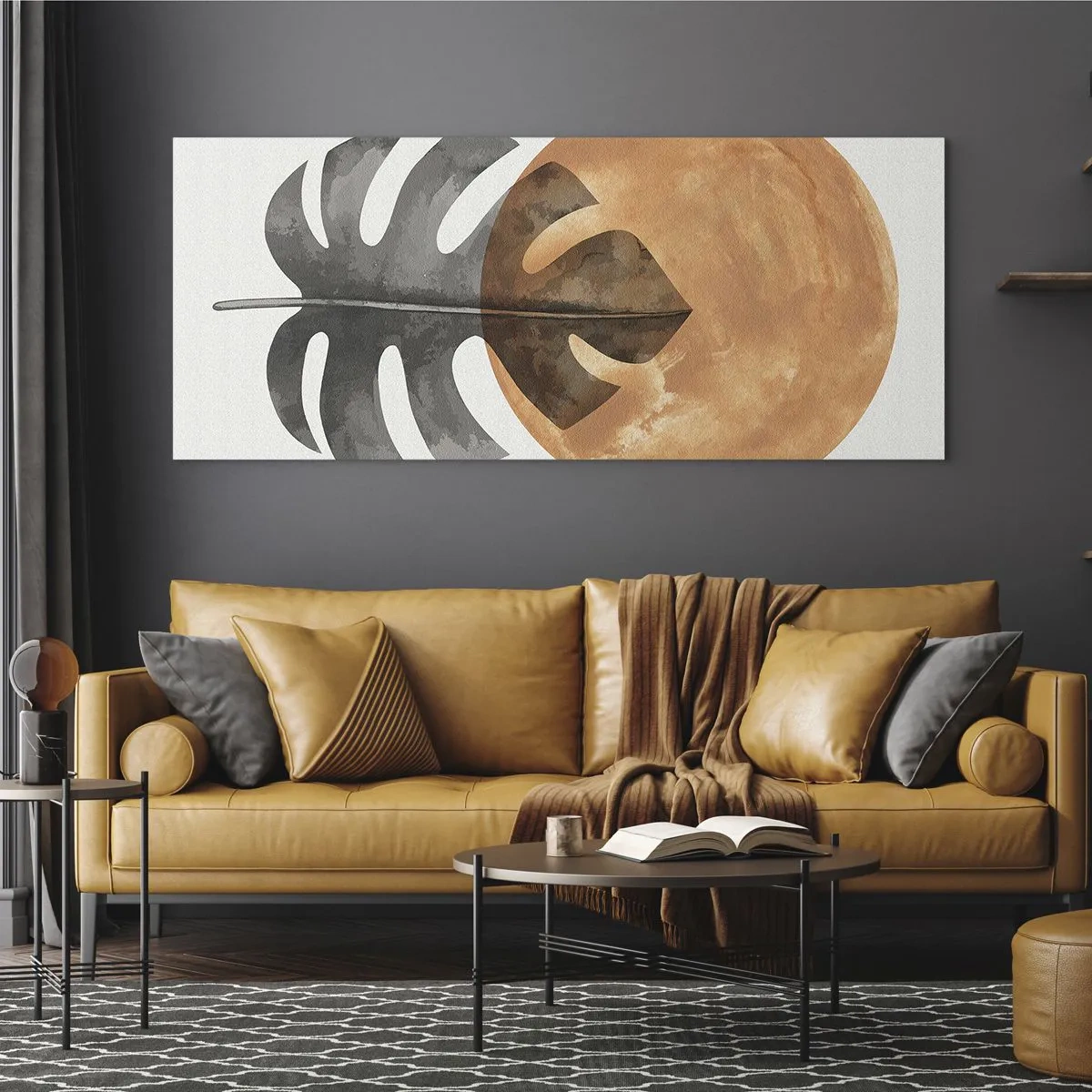 Quadro su vetro - Foglia di monstera e cerchio dorato su sfondo chiaro - 160x50cm - Sempre il sole - Decorazione murale moderna per soggiorno e camera da letto ARTTOR