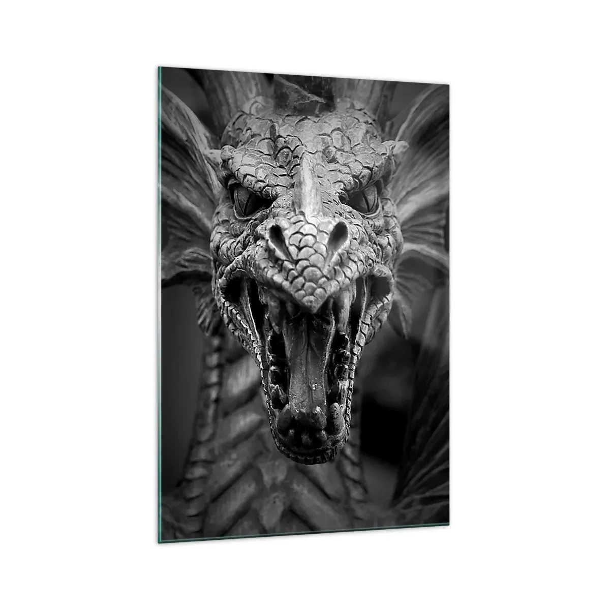 Quadro su vetro - Una minacciosa testa di drago in bianco e nero con dettagli espressivi. - 70x100cm - Drago favoloso in grigio - Decorazione murale moderna per soggiorno e camera da letto ARTTOR