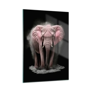 Quadro su vetro - Un elefante rosa su sfondo nero circondato da una nuvola di polvere. - 50x70cm - Non pensare all'elefante rosa! - Decorazione murale moderna per soggiorno e camera da letto ARTTOR