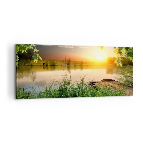 Quadro su tela - Stampe su Tela - Paesaggio verde con un lago al tramonto - 120x50cm - Paesaggio incorniciato di verde - Decorazione murale moderna per soggiorno e camera da letto ARTTOR