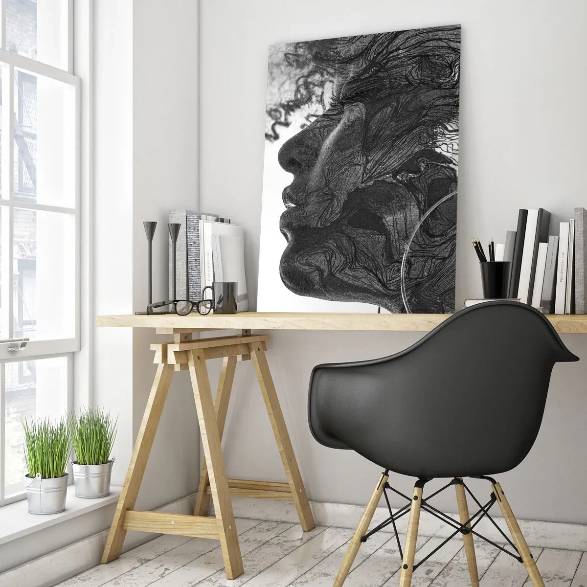 Quadro su vetro - Silhouette in bianco e nero di una donna con linee astratte - 50x70cm - Aggrovigliata nei sogni - Decorazione murale moderna per soggiorno e camera da letto ARTTOR