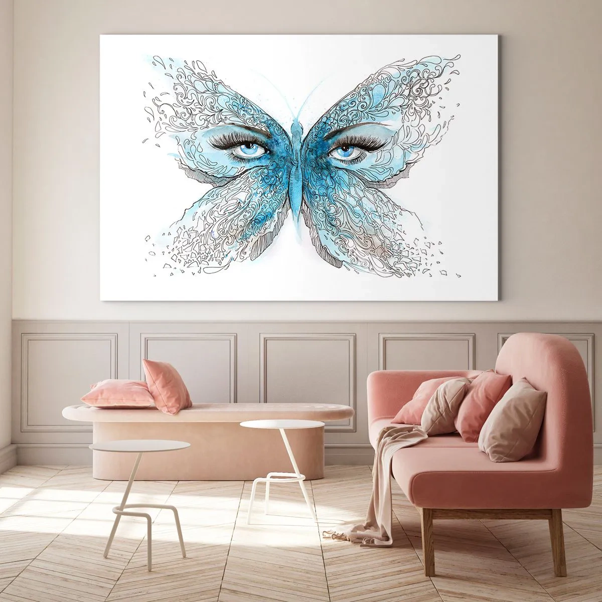Quadro su vetro - Una farfalla con ali blu e occhi umani in stile artistico. - 120x80cm - Argo azzurro - Decorazione murale moderna per soggiorno e camera da letto ARTTOR