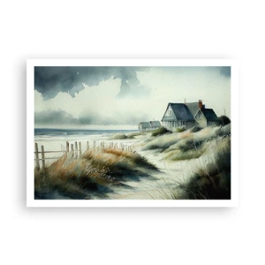 Poster - Una casa al mare circondata dal prato e con vista sul mare - 100x70cm - Lontano dal caos - Decorazione murale moderna per soggiorno e camera da letto ARTTOR