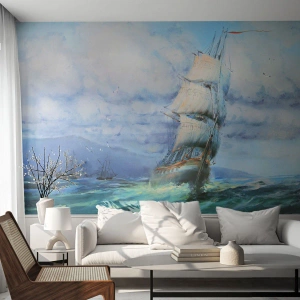 Fotomurali Standard Eco - Una nave a vela su un mare in tempesta tra le nuvole - 100x70cm - Con il vento in favore - Decorazione murale moderna per soggiorno e camera da letto ARTTOR