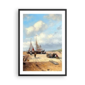 Poster in cornice nera - Barche da pesca tradizionali e pescatori su una spiaggia sabbiosa - 50x70cm - Dopo una buona pesca - Decorazione murale moderna per soggiorno e camera da letto ARTTOR