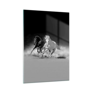 Quadro su vetro - Cavalli in corsa in bianco e nero - 50x70cm - Il galoppo della libertà - Decorazione murale moderna per soggiorno e camera da letto ARTTOR