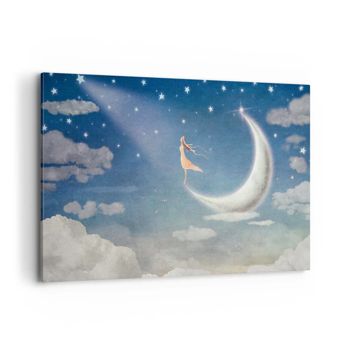 Quadro su tela - Stampe su Tela - Una donna sulla luna circondata da stelle e nuvole - 120x80cm - Seduttrice celeste - Decorazione murale moderna per soggiorno e camera da letto ARTTOR