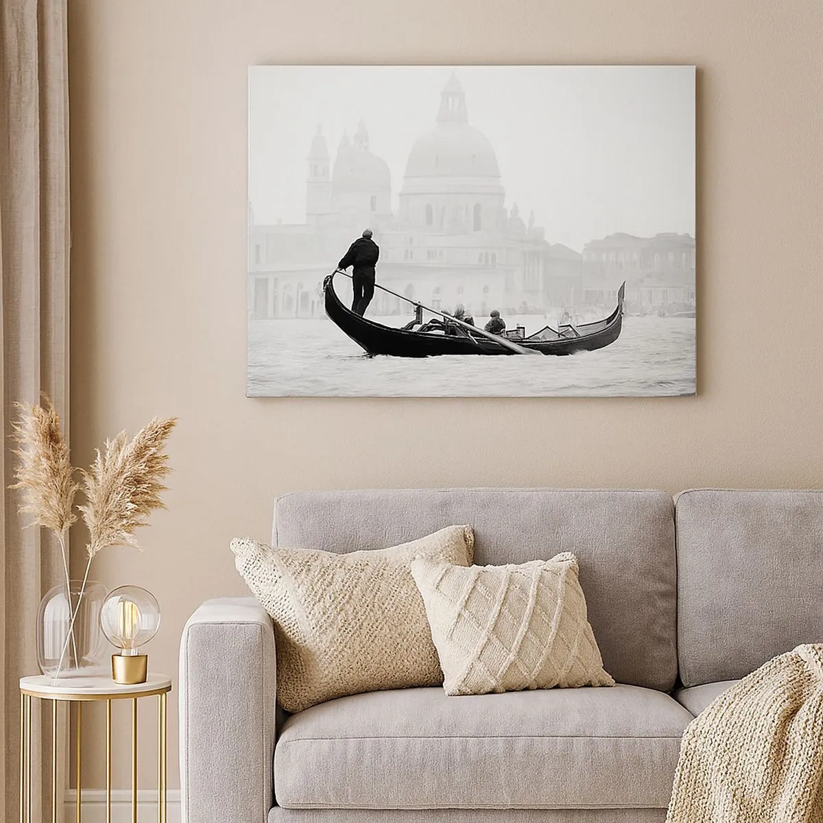 Quadro su tela - Stampe su Tela - Una gondola con la basilica sullo sfondo in bianco e nero - 70x50cm - Viaggio alla fonte della bellezza - Decorazione murale moderna per soggiorno e camera da letto ARTTOR
