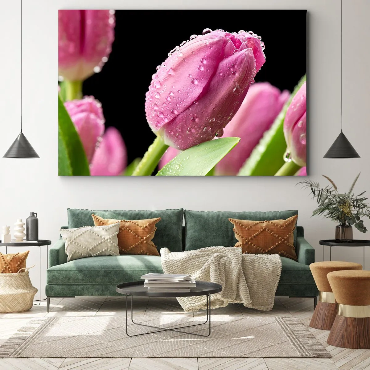 Quadro su tela - Stampe su Tela - Tulipano rosa con gocce d'acqua su sfondo nero - 120x80cm - Sogno lilla nella rugiada - Decorazione murale moderna per soggiorno e camera da letto ARTTOR