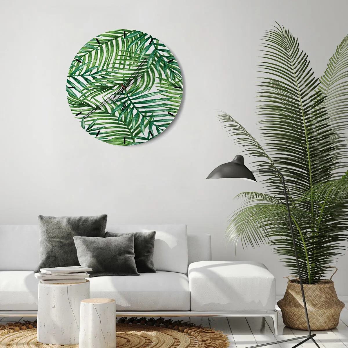 Orologio da parete - Orologio in Vetro - Foglie di palma verdi disposte in una composizione densa - 30x30cm - Sotto un baldacchino verde - Decorazione murale moderna per soggiorno, cucina e camera da letto ARTTOR