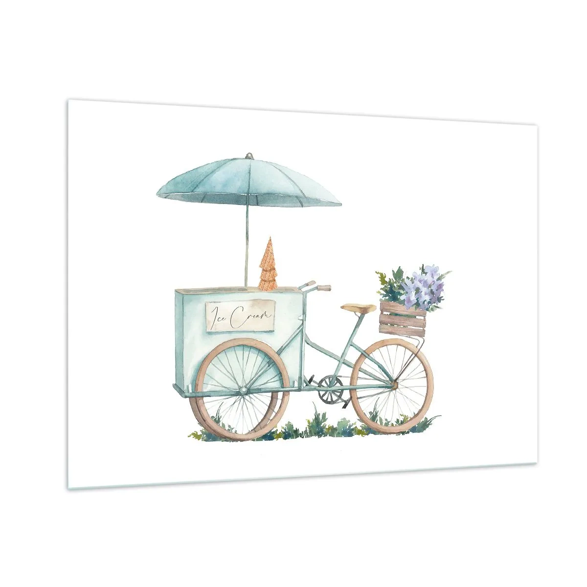 Quadro su vetro - Una bicicletta con gelato e fiori pastello - 100x70cm - Dolce ricordo d'estate - Decorazione murale moderna per soggiorno e camera da letto ARTTOR