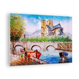 Quadro su vetro - Ponte e barche sullo sfondo della storica cattedrale - 70x50cm - Il loro tempo non passa mai - Decorazione murale moderna per soggiorno e camera da letto ARTTOR