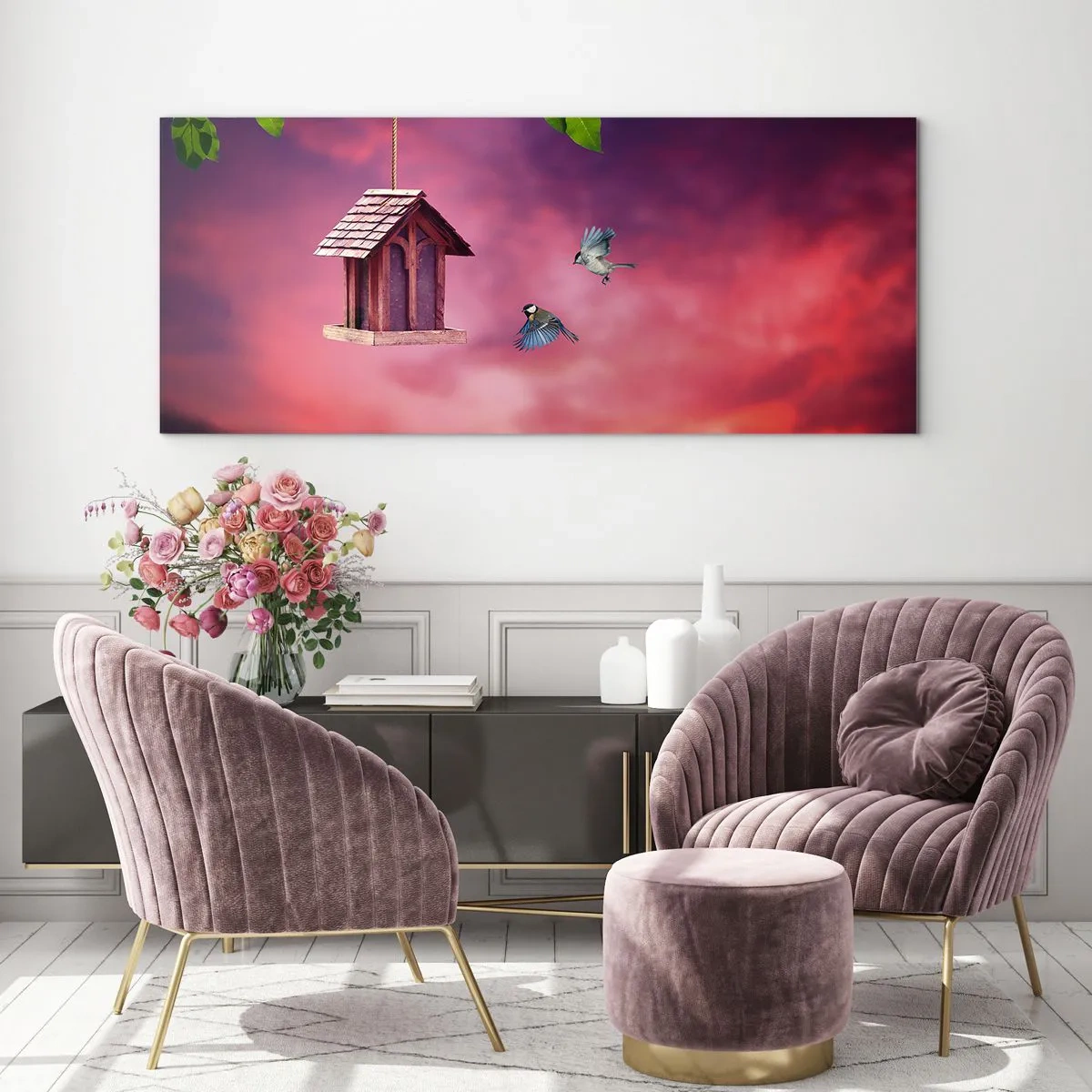 Quadro su vetro - Un paesaggio pittoresco con una casetta per gli uccelli e un tramonto - 160x50cm - Invito a cena - Decorazione murale moderna per soggiorno e camera da letto ARTTOR