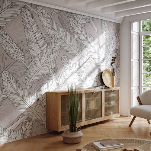 Fotomurali Premium Sand - Foglie di banano bianche e nere su sfondo beige - 100x70cm - Vortice di piume - Decorazione murale moderna per soggiorno e camera da letto ARTTOR