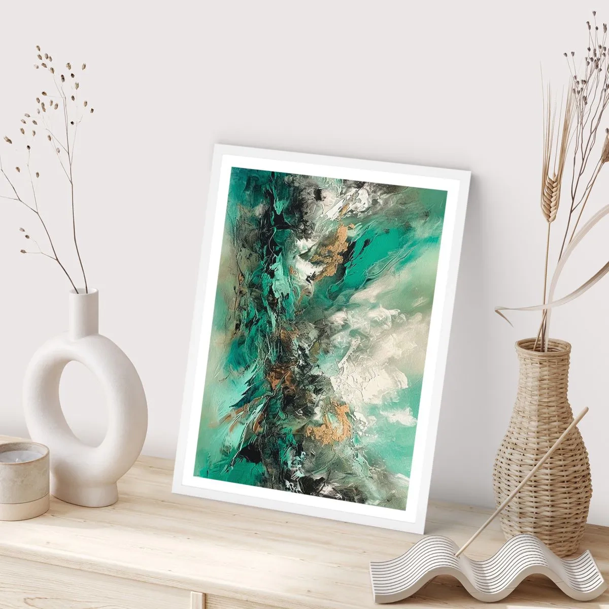 Poster in cornice bianca - Frangente nero e smeraldo - 50x70 cm
