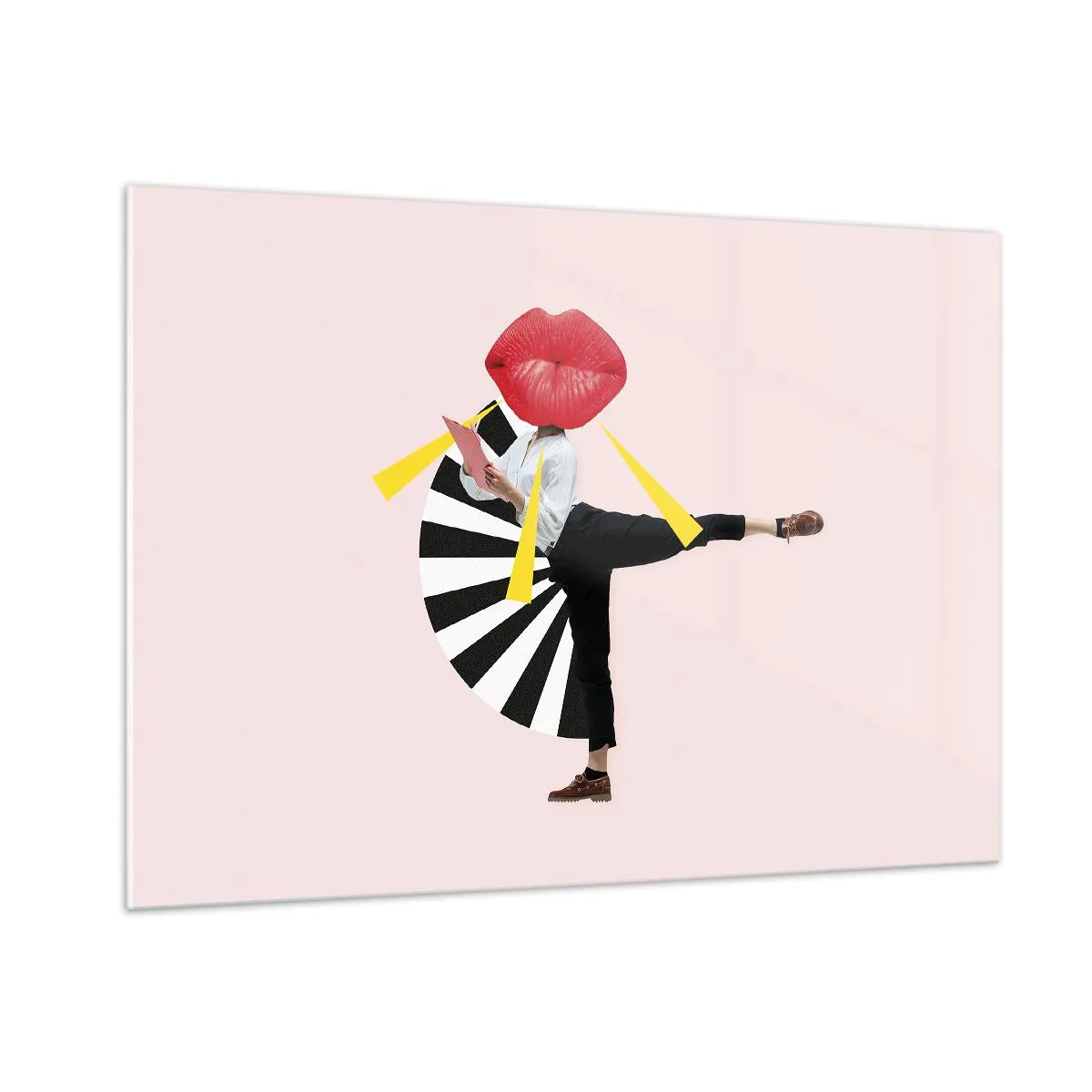 Quadro su vetro - Una composizione pop art surreale che raffigura un personaggio con una grande bocca su uno sfondo rosa. - 100x70cm - Pop-art surrealistica - Decorazione murale moderna per soggiorno e camera da letto ARTTOR